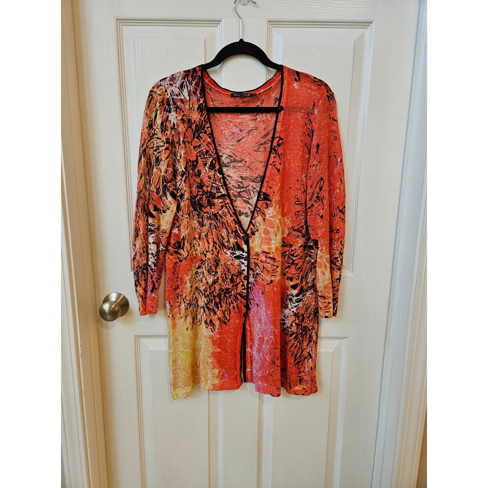 NIC+ZOE Linen Blend Cardigan Womens Large Orange Abstract Print Lightweight Knit